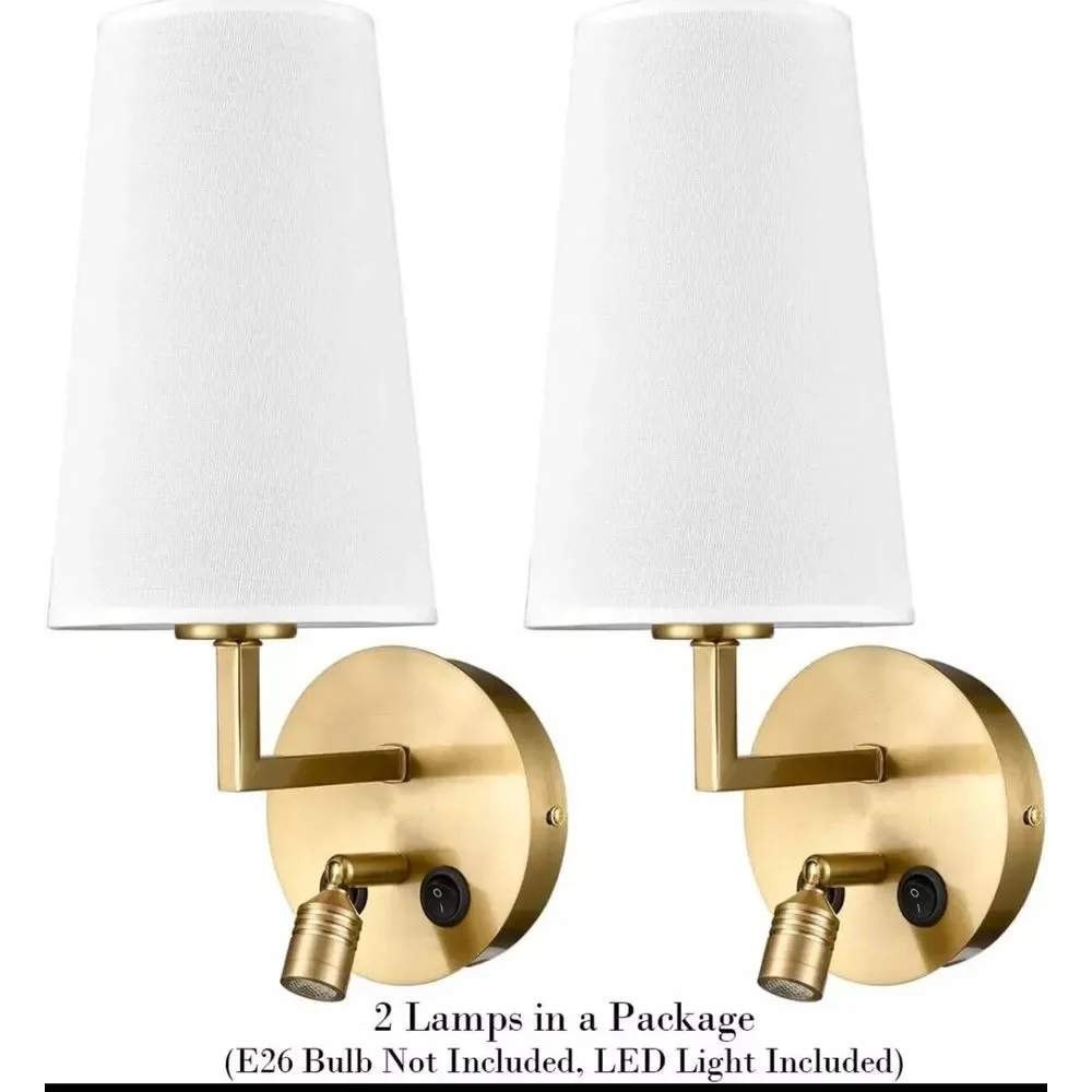 Gold Wall Sconces Set of Two Modern Brass Wall Lamp with Fabric Shade, USB Sconc